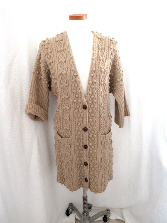 Vintage Lambs Wool sweater jacket, beige cable kni
