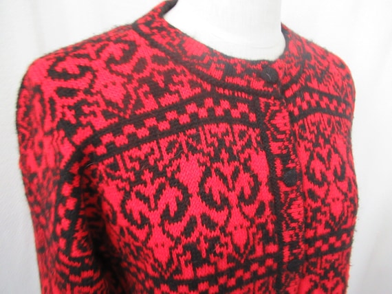 Alpaca hand knit sweater jacket, red black sweate… - image 2