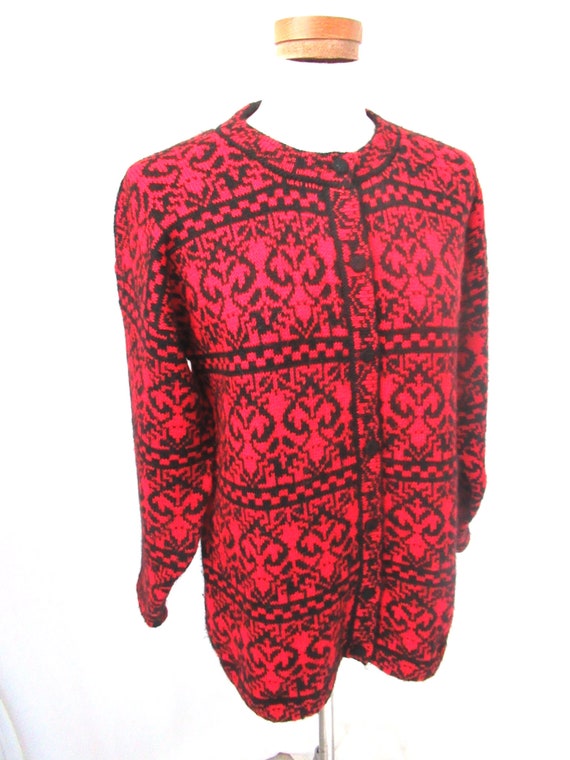 Alpaca hand knit sweater jacket, red black sweate… - image 3