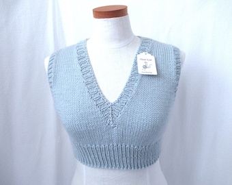 Hand knit short blue vest, womans blue knit vest, blue knit vest, sleeveless sweater, vest size S, V neck knit vest