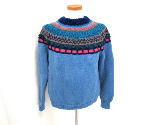 Vintage hand knit sweater, 80s blue sweater, fair… - image 2