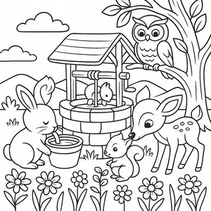 May include: Black and white line art illustration of a woodland scene with an owl, deer, squirrel, and rabbit. A well and flowers are also depicted. The image is suitable for coloring.