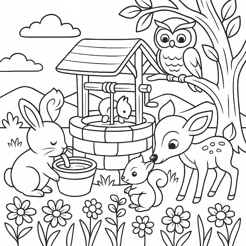 May include: Black and white line art illustration of a woodland scene with an owl, deer, squirrel, and rabbit. A well and flowers are also depicted. The image is suitable for coloring.