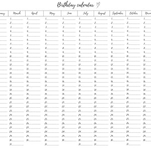 Könnte beinhalten: Ein weißer Geburtstagskalender mit handschriftlicher Schrift. Der Kalender ist in Monate unterteilt, jeder mit Feldern zum Eintragen von Daten und Namen. Der Titel "Birthday calendar" steht oben.