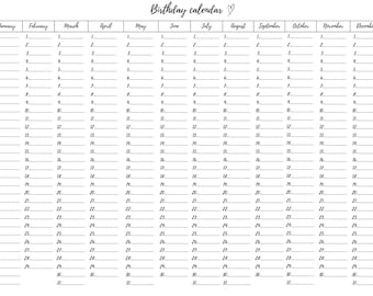 Printable Birthday Calendar Minimalist Birthday Tracker Yearly Planner Template Wall Print Instant Download US Letter A4
