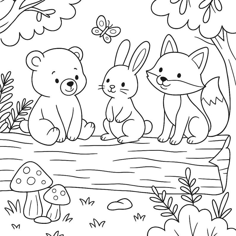 May include: Black and white line art illustration of a bear, rabbit, and fox sitting on a log. A butterfly flies above them. Mushrooms and grass are in the foreground. A coloring book page.