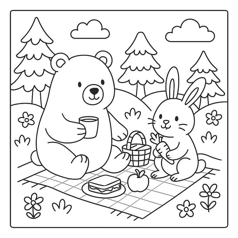 May include: Black and white illustration of a bear and a rabbit having a picnic. The bear holds a cup, and the rabbit holds a carrot. A picnic basket, sandwich, and apple are on a checkered blanket.
