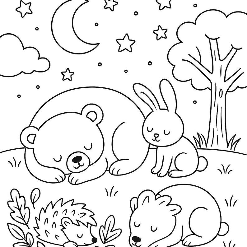May include: Black and white illustration of a peaceful night scene. A sleeping bear and rabbit are next to a tree, with a hedgehog and another bear sleeping below. The sky features a crescent moon, stars, and clouds.