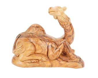 Dromadaire sculpté à la main en bois d'olivier – Figurine de crèche artistique de Bethléem (11,5 cm)
