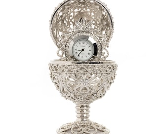 Silver Faberge Egg with Clock Inside