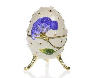 White with Blue flower Music box Fur Elise by Beethoven Faberge Egg
