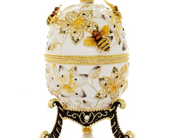 White Faberge Egg with Bees and Flowers