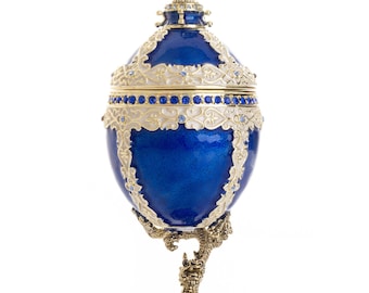 Luxurious Blue-Gold Egg with Clock with Dragon Pedestal and Bird Ornament
