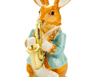 Rabbit playing the saxophone trinket box