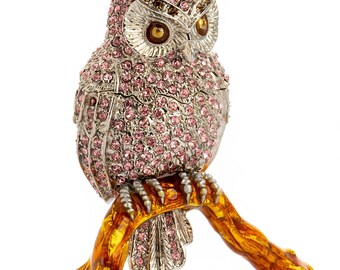 Pink & Silver Crystal Owl on Amber Tree Branch Trinket Box