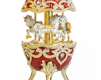 Red Wind up Horse Carousel Faberge Style Egg
