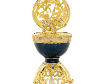 Golden Blue Faberge Egg with a Golden Elephant