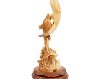 Two dolphins carved from olive wood – Hand-carved sculpture from Bethlehem (32 cm)