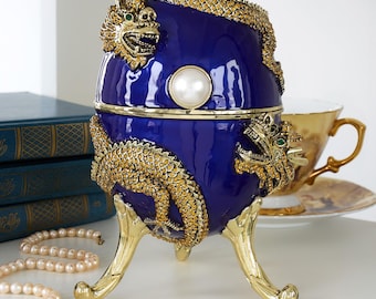 Blue Faberge Egg with Dragon Music Playing Egg