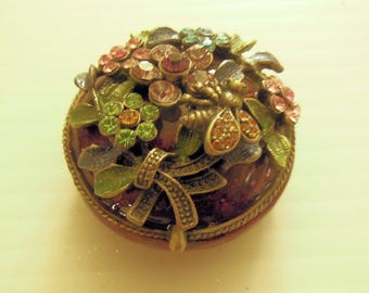 Flower and Bee Crystal Decorated Enamel Trinket Box