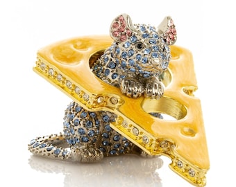 Sparkling Mouse Peeking from Yellow Cheese Trinket Box