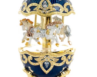 Blue Wind up Horse Carousel Faberge Egg