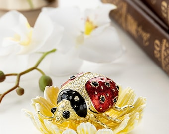 Ladybug on Flower Jeweled Trinket Box