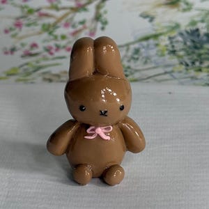 Brown bunny with bow handmade clay charm or keychain - teddy bear miffy