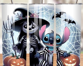 Envoltorio para vaso de Halloween de Stitch Lilo, vaso delgado de 20 oz, vaso de Halloween de dibujos animados, ambiente espeluznante de Stitch, descarga de envoltorio para vaso PNG