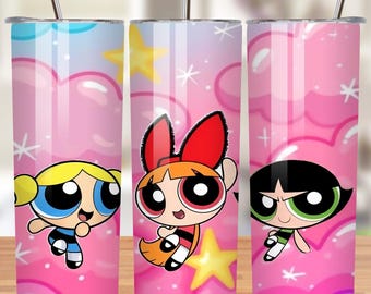 Envoltura para vaso delgado de 20 oz de Las Chicas Superpoderosas PNG / Diseño de sublimación de dibujos animados de los 90 / Envoltura para vaso pastel / Descarga instantánea