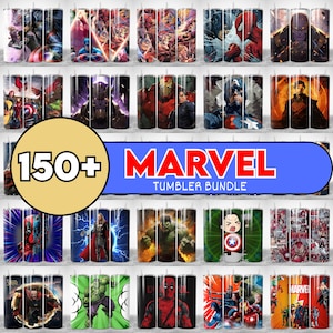 Puede incluir: Una colecci&oacute;n de vasos tem&aacute;ticos de Marvel, cada uno con diferentes personajes e ilustraciones de c&oacute;mics. La imagen incluye una pancarta que dice "150+ MARVEL TUMBLER BUNDLE". Los vasos son cil&iacute;ndricos y parecen ser de metal.