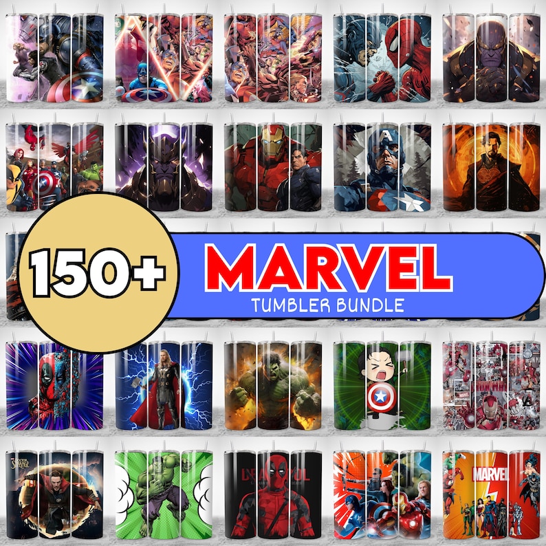 Puede incluir: Una colecci&oacute;n de vasos tem&aacute;ticos de Marvel, cada uno con diferentes personajes e ilustraciones de c&oacute;mics. La imagen incluye una pancarta que dice "150+ MARVEL TUMBLER BUNDLE". Los vasos son cil&iacute;ndricos y parecen ser de metal.