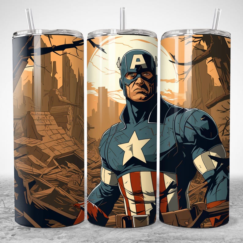Puede incluir: Un vaso de acero inoxidable con un dise&ntilde;o de Capit&aacute;n Am&eacute;rica. La obra de arte representa al Capit&aacute;n Am&eacute;rica con su ic&oacute;nico disfraz sobre un fondo de una ciudad en ruinas. El vaso tiene una pajita y una tapa.