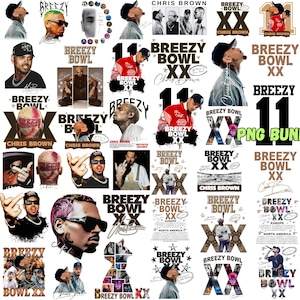 Puede incluir: Un collage de imágenes con Chris Brown, con texto que dice "Breezy Bowl" y "Chris Brown". Las imágenes incluyen retratos, logotipos y gráficos promocionales. La paleta de colores incluye negro, blanco y tonos de marrón.