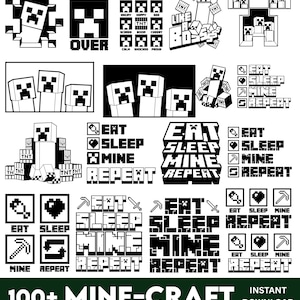 Peut inclure: Une collection de graphiques noirs et blancs sur le thème de Minecraft. Les motifs comprennent des visages de Creeper, du texte disant "Game Over", "Eat Sleep Mine Repeat", et d'autres éléments pixélisés. La bannière inférieure indique "100+ Mine-Craft".