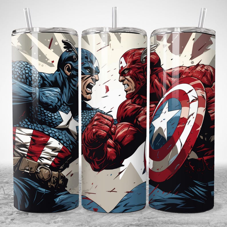 Puede incluir: Tres vasos de acero inoxidable con dise&ntilde;os de superh&eacute;roes. Los vasos presentan ilustraciones de Capit&aacute;n Am&eacute;rica en poses de acci&oacute;n, con vibrantes esquemas de color rojo, azul y blanco. Cada vaso tiene una pajita transparente.