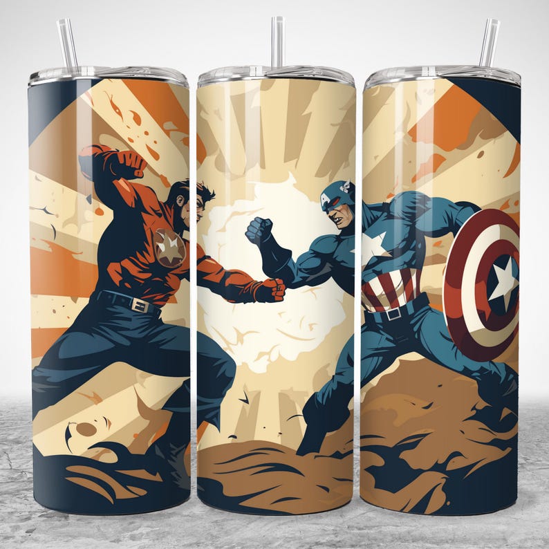 Puede incluir: Tres vasos de acero inoxidable con ilustraciones de superh&eacute;roes. Uno muestra un personaje con un traje rojo y negro, otro el Capit&aacute;n Am&eacute;rica y el tercero una escena de batalla. Cada vaso tiene una pajita. Altura aproximada 20 cm.