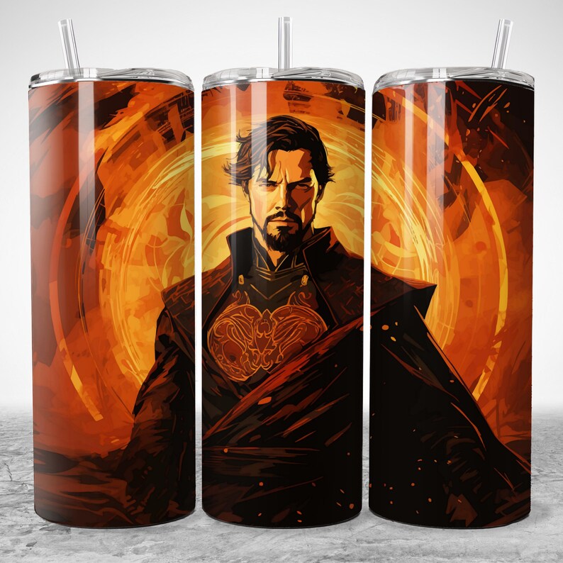 Puede incluir: Un vaso de acero inoxidable con una llamativa ilustraci&oacute;n de un personaje con perilla y cabello oscuro, sobre un fondo naranja y amarillo vibrante. El vaso incluye una pajita y un dise&ntilde;o negro y marr&oacute;n.