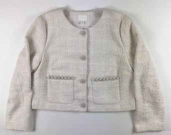 Chaqueta corta tipo blazer de tweed color crema con detalles de cuentas y botones de perlas de H&M - Talla L (Reino Unido) #1086