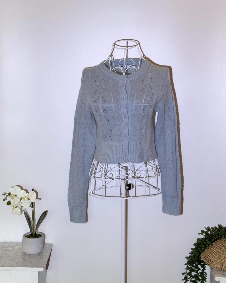 Puede incluir: Un c&aacute;rdigan corto azul claro con cuello redondo y cierre de botones. El su&eacute;ter presenta un punto trenzado en las mangas y un patr&oacute;n calado decorativo en la parte delantera. Se exhibe en un maniqu&iacute; de alambre blanco.