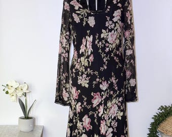 Impresionante vestido midi de seda con cuello en V y estampado floral vintage de Laura Ashley - Talla 44 (Reino Unido)