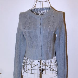 Puede incluir: Un c&aacute;rdigan corto azul claro, con cuello redondo y mangas largas. El su&eacute;ter tiene una botonadura frontal y un delicado dise&ntilde;o de punto calado. Se exhibe sobre un maniqu&iacute; de alambre blanco.