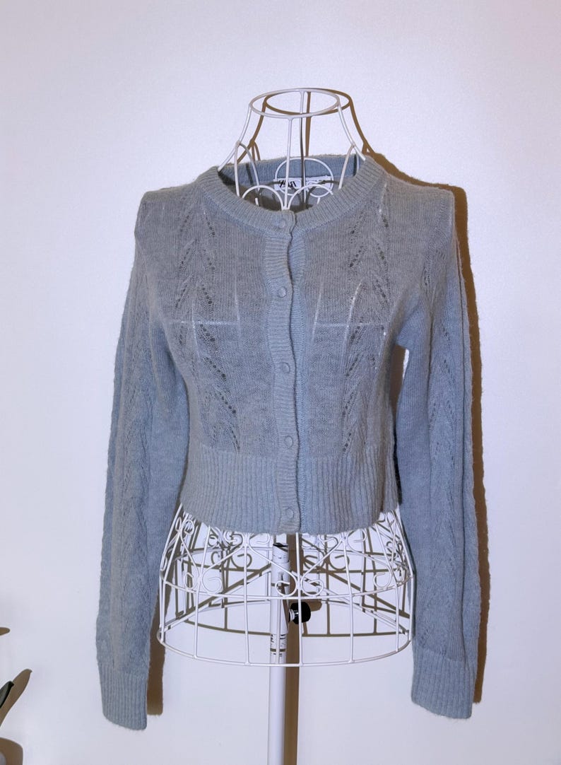 Puede incluir: Un c&aacute;rdigan corto azul claro, con cuello redondo y mangas largas. El su&eacute;ter tiene una botonadura frontal y un delicado dise&ntilde;o de punto calado. Se exhibe sobre un maniqu&iacute; de alambre blanco.