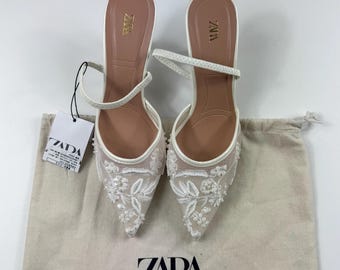 Preciosos zapatos de tacón destalonados de malla con bordado floral para novias de Zara - Talla UK 5 - Nuevos