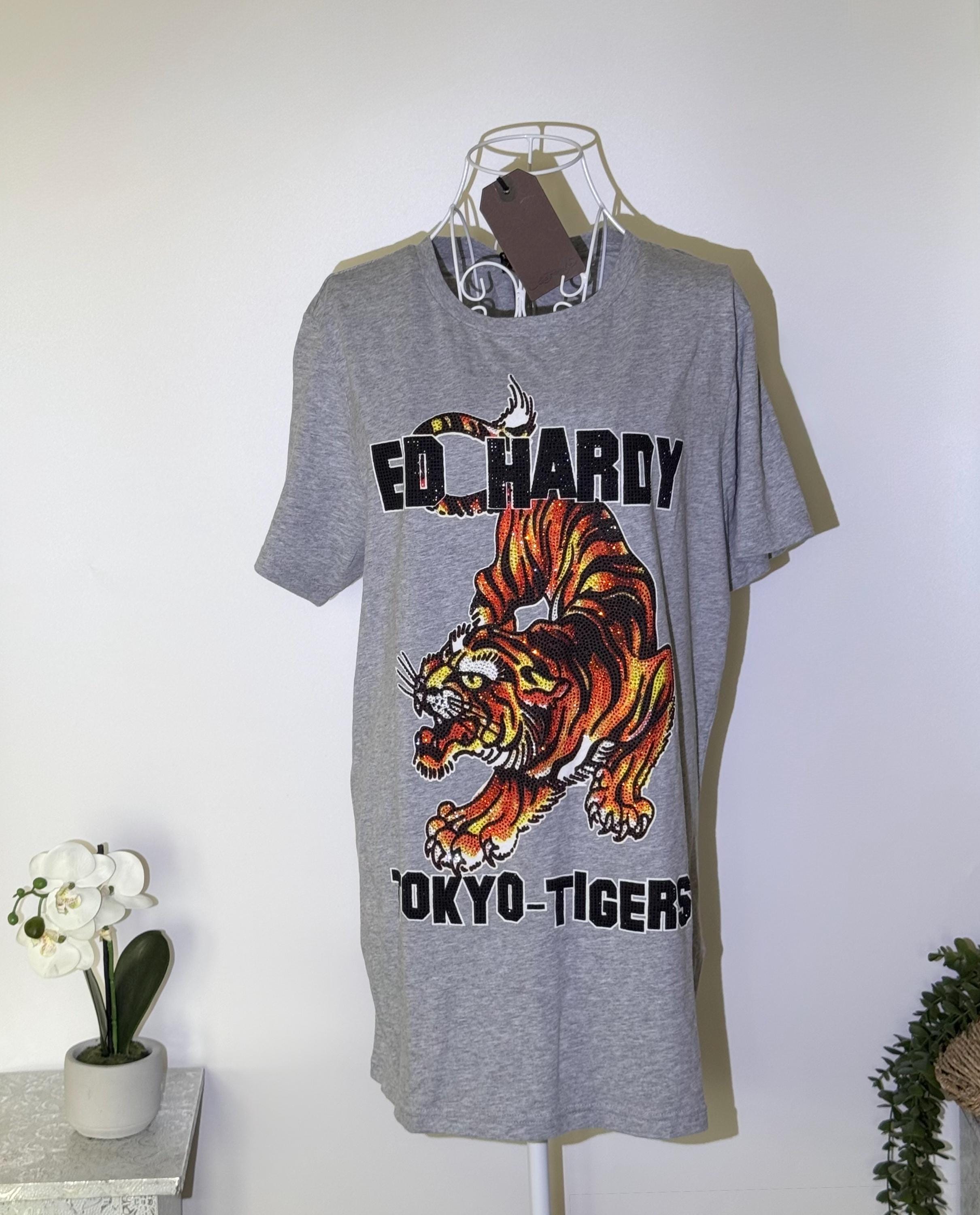 Ed Hardy Grey Tokyo-jungle Diamanté Graphic Cotton Men's Crew T