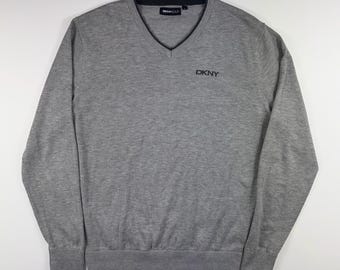 DKNY zachte golfgrijze katoenmix herentrui met v-hals, maat UK L #1083