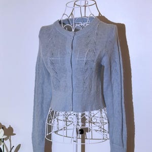 Puede incluir: Un c&aacute;rdigan azul claro de manga larga con cuello redondo y cierre de botones. El tejido de punto presenta un delicado dise&ntilde;o calado. El su&eacute;ter corto se exhibe en un maniqu&iacute; de alambre blanco.