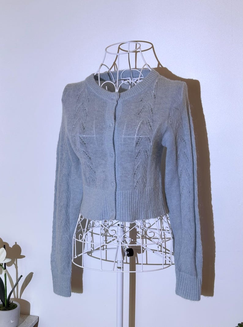 Puede incluir: Un c&aacute;rdigan azul claro de manga larga con cuello redondo y cierre de botones. El tejido de punto presenta un delicado dise&ntilde;o calado. El su&eacute;ter corto se exhibe en un maniqu&iacute; de alambre blanco.