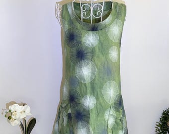 Impresionante vestido vintage italiano de lujo, 100 % lino, con diseño de diente de león verde - Talla 12-16 (Reino Unido)