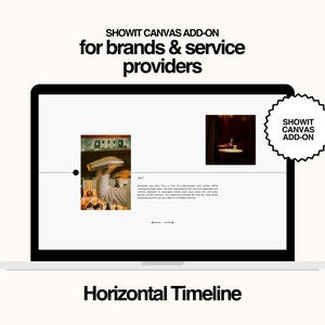 Pode incluir: Um ecrã de laptop mostra uma linha do tempo horizontal com duas imagens e o texto "SHOWIT CANVAS ADD-ON for brands & service providers." As palavras "Horizontal Timeline" estão na parte inferior. Um adesivo "SHOWIT CANVAS ADD-ON" está à direita.